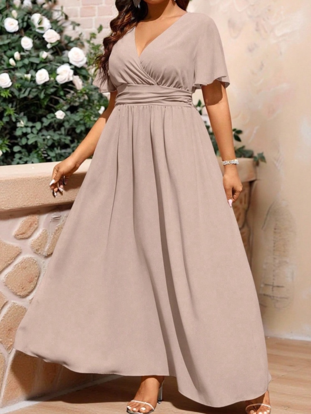 Plus Solid V neck Butterfly Sleeve High Waisted Party Evening Wedding dress